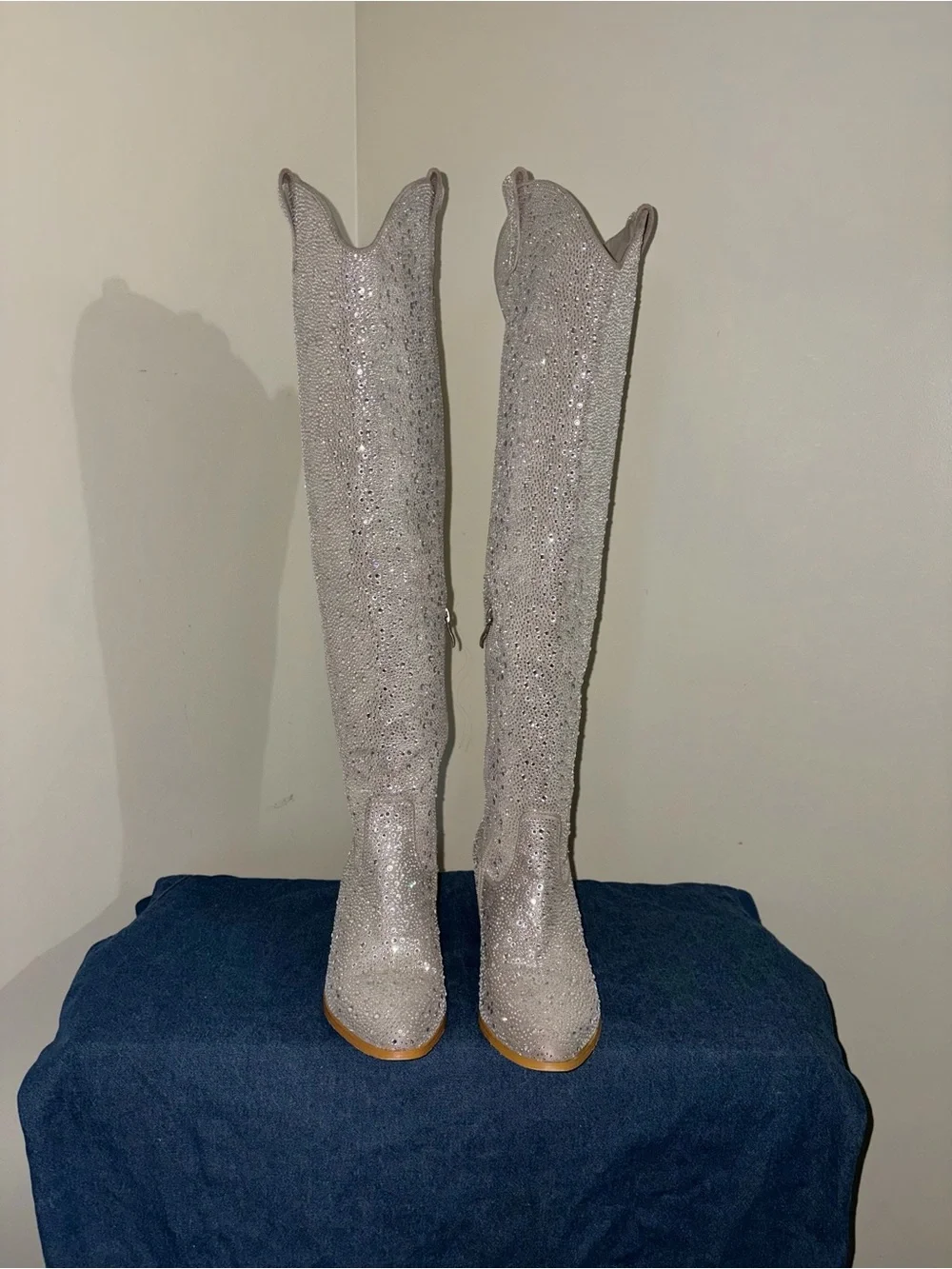 Silver Rhinestone Over-the-Knee Cowboy Boots Sparkly Western Tall Boots Size 8